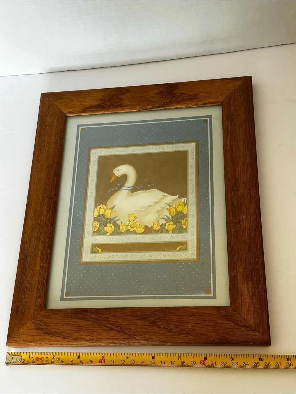 Wood Frame Swan Print in Brown with Yellow Accents
